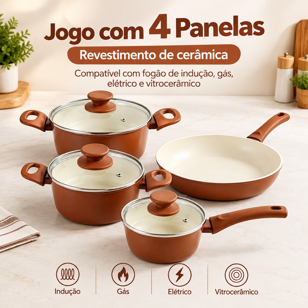 Jogo de Panelas 4 Peças Cerâmica Antiaderente Terracota com Caçarolas Panela e Frigideira — Oferta Verificada