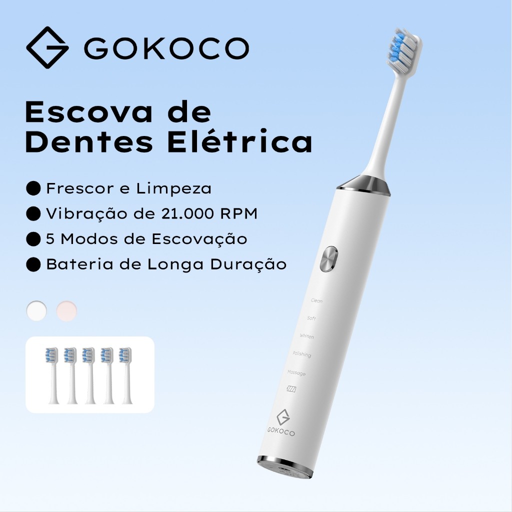 Imagem GOKOCO Escova de Dentes Elétrica 21.000 RPM | 5 Modos | USB | IPX7 | Longa Duração
