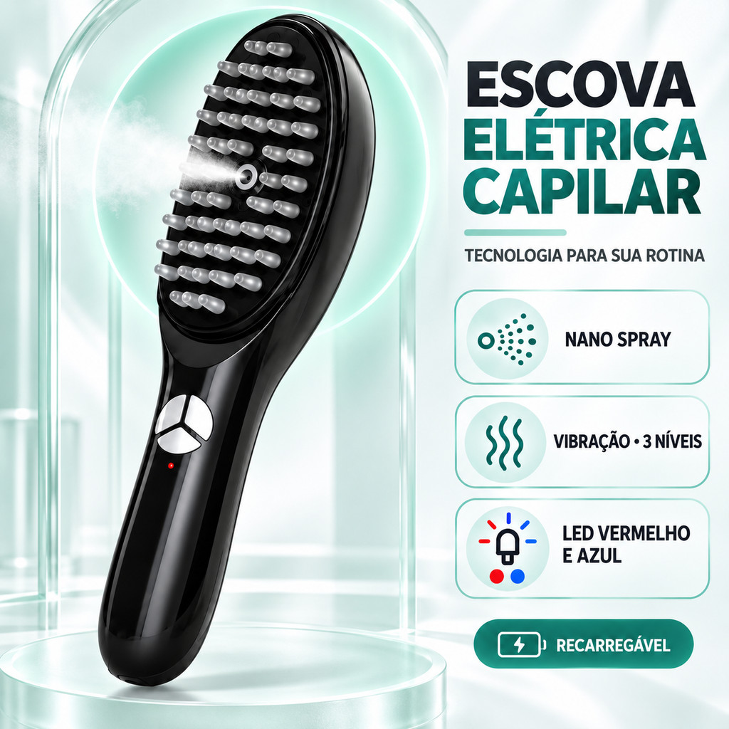 Escova Elétrica para Massagem Capilar com Nano Névoa, LED Vermelho e Azul e Vibração Ajustável em 3 Níveis