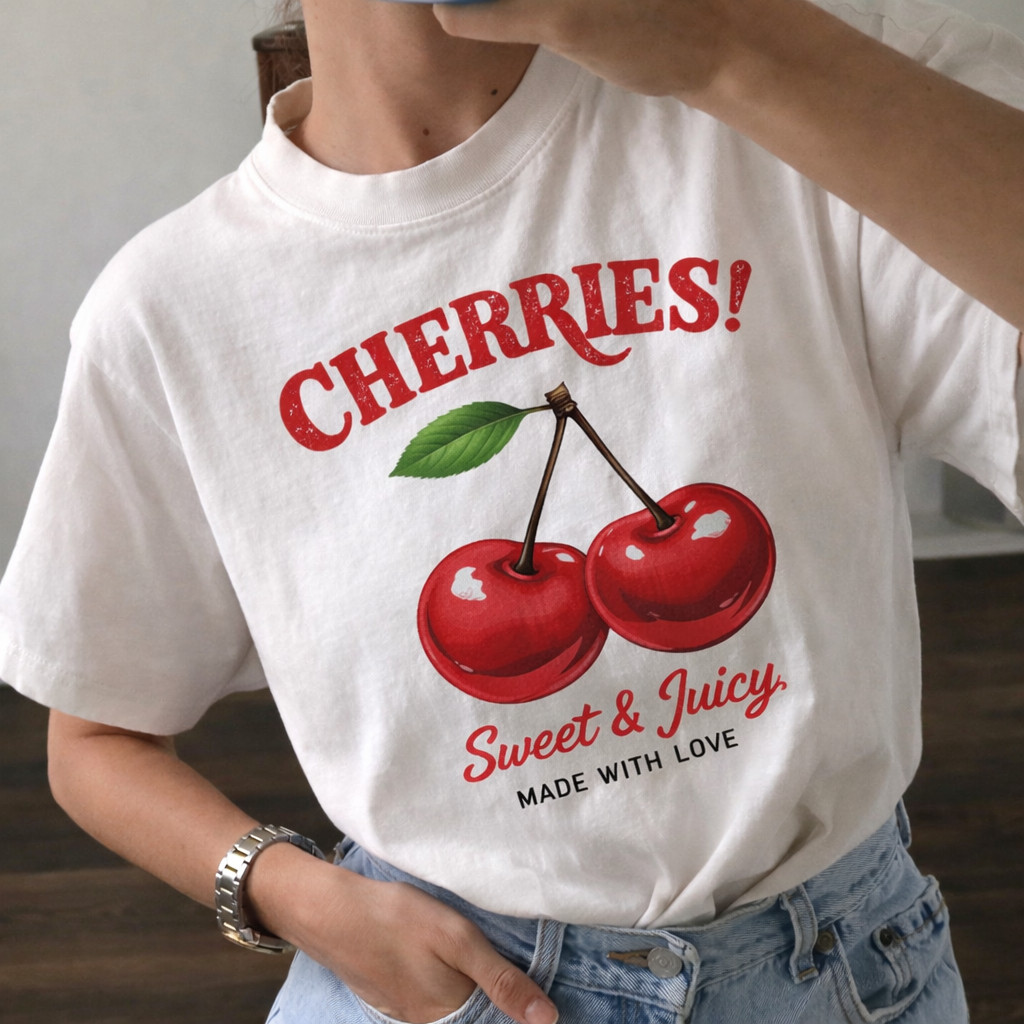 T-Shirt Cherry Feminina/Unissex Estampa Cereja Confortável Básica Casual Camiseta Algodão Cherries