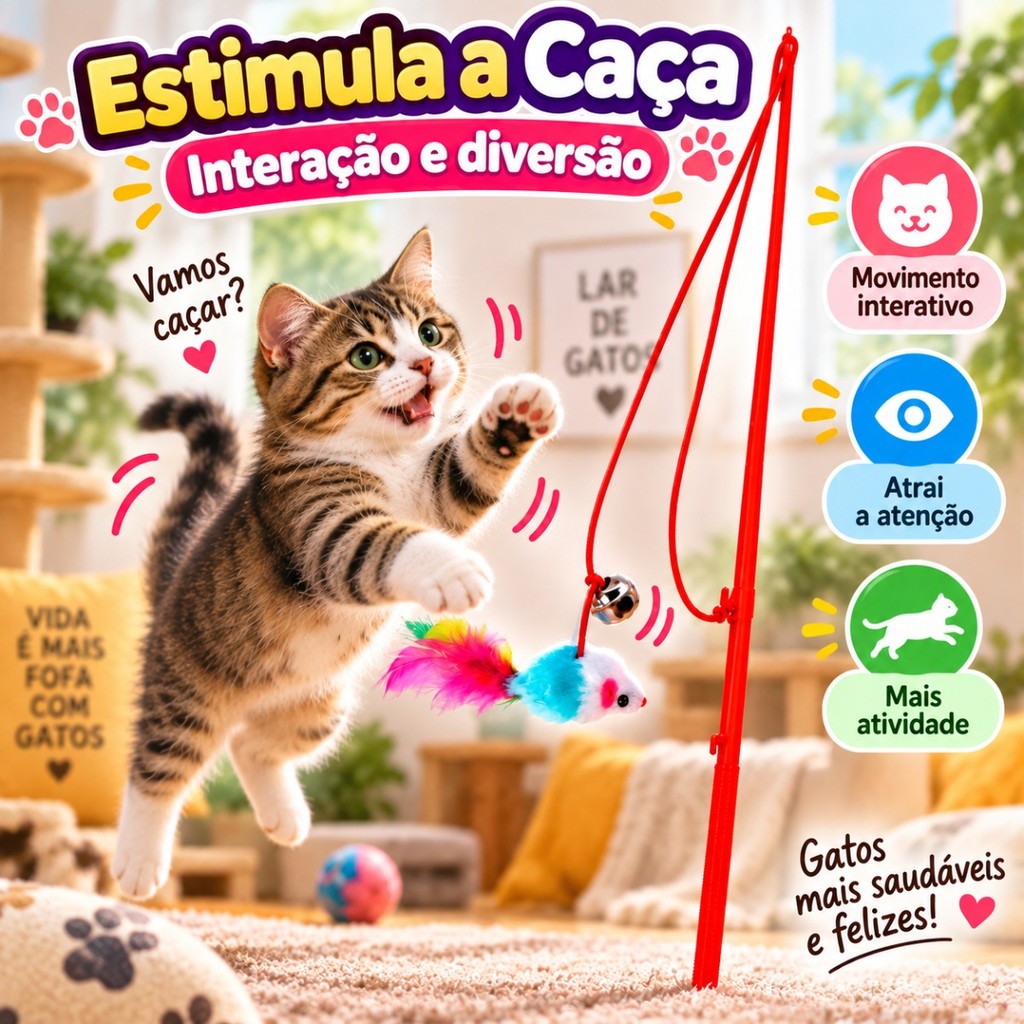 Varinha para Gatos com Rato e Guizo 33cm Brinquedo Interativo com Penas Colorida
