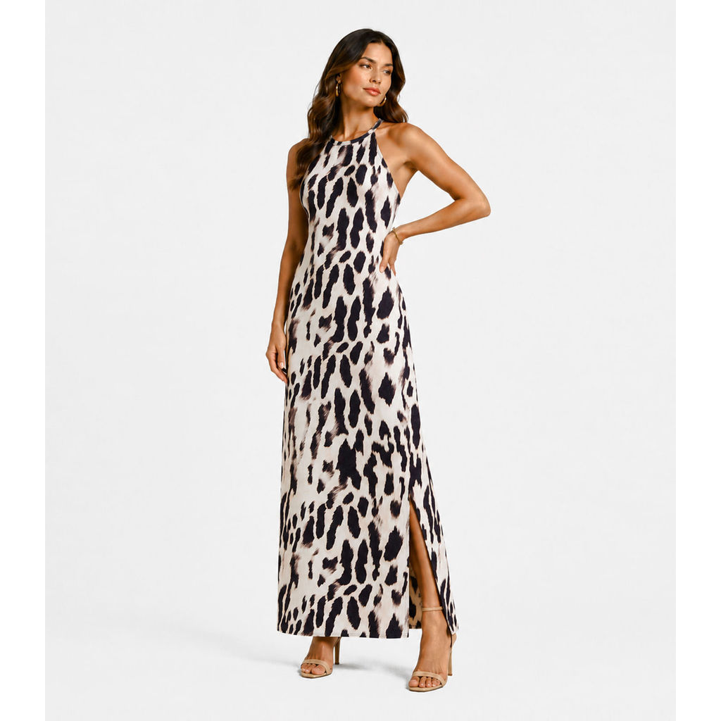 Vestido Longo Estampado Sem Manga Infinita Cor Bege