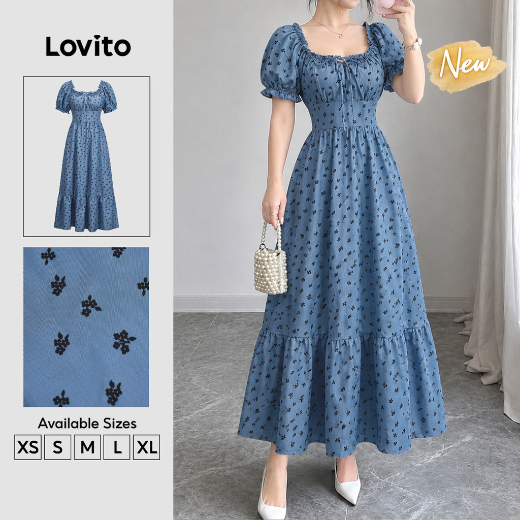 Lovito Vestido Feminino Azul com Micro Floral Babado e Amarração Modelo Longo A Primavera Verão Traje de Trabalho DRK10P1D493