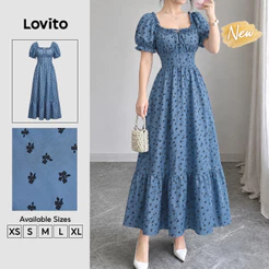 Lovito Vestido Feminino Azul com Micro Floral Babado e Amarração Modelo Longo A Primavera Verão Traje de Trabalho DRK10P1D493