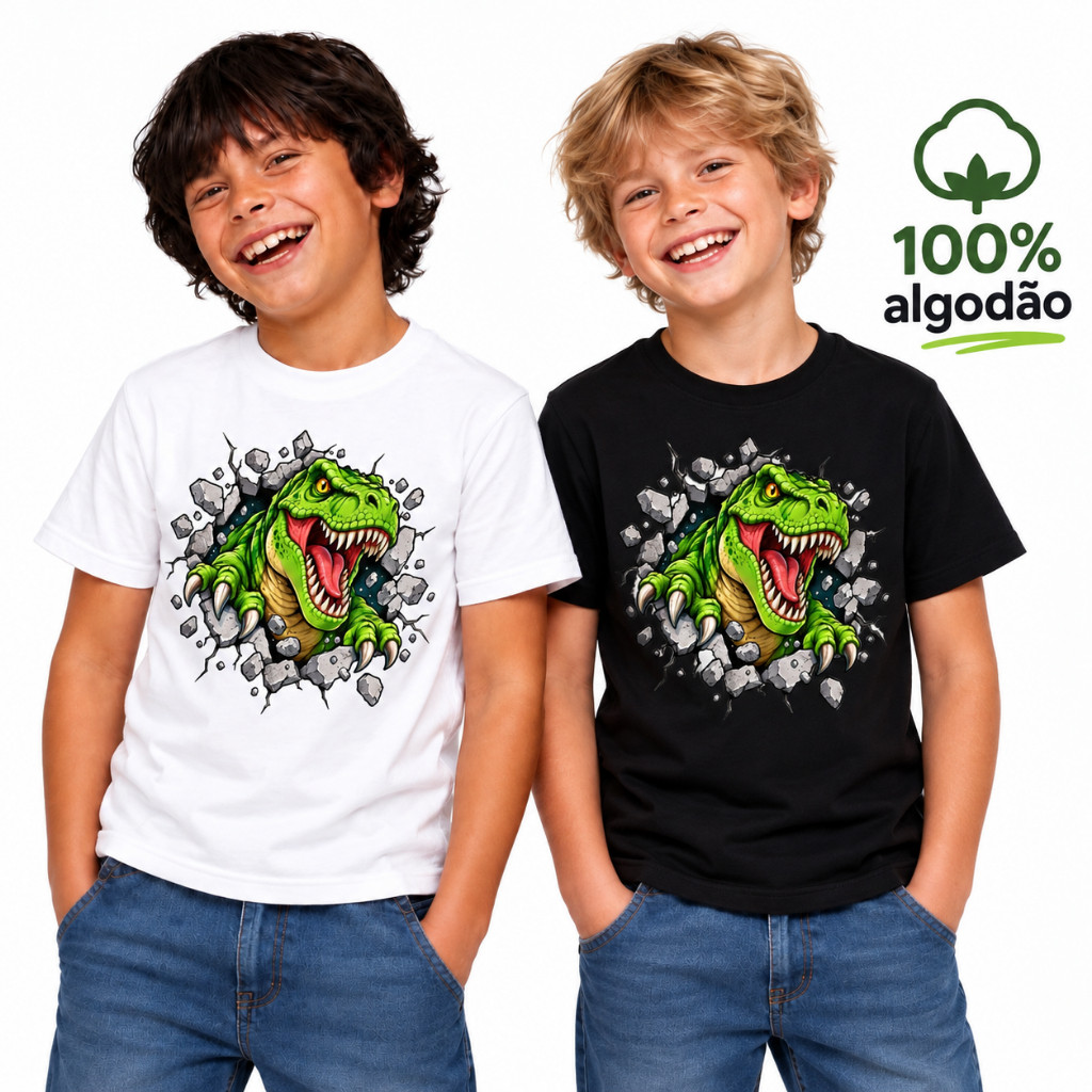 Camiseta Infantil e adulto Dinossauro Algodão Criança Confortável Dia a Dia Envio Imediato