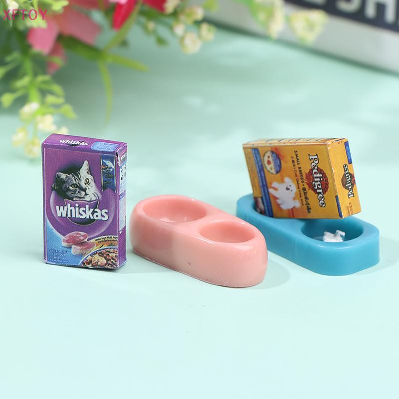 XFTOY 1/12 Casa De Bonecas Mini Cão Gato Comida Para Animais De Estimação Com Placa Simulação Móveis Modelo Brinquedos Q