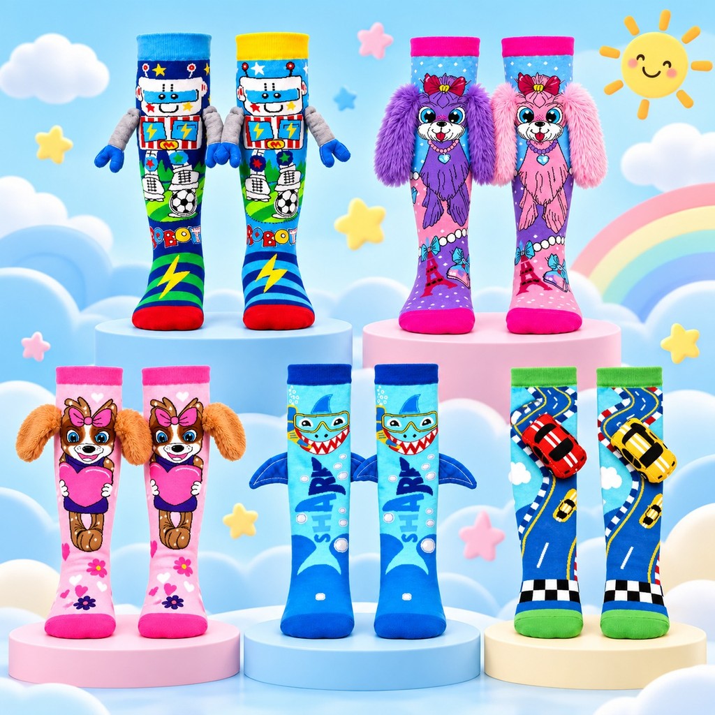 Meia Infantil 3D Maluca Colorida Cano Alto com Personagens Divertidos Confortável