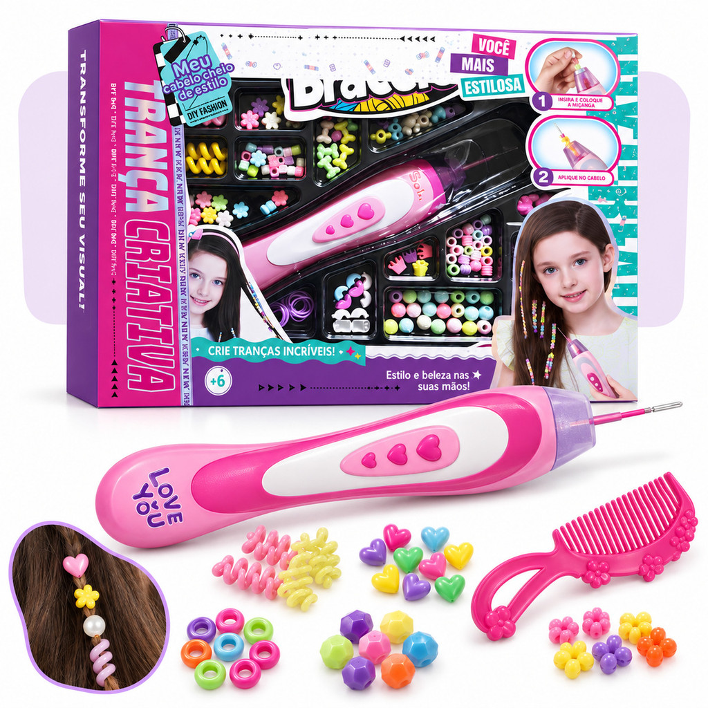 Kit Miçangas para Cabelo com Aplicador Penteado Infantil Trança Trancinha Coloridas Menina Presente Aniversário Kizumba