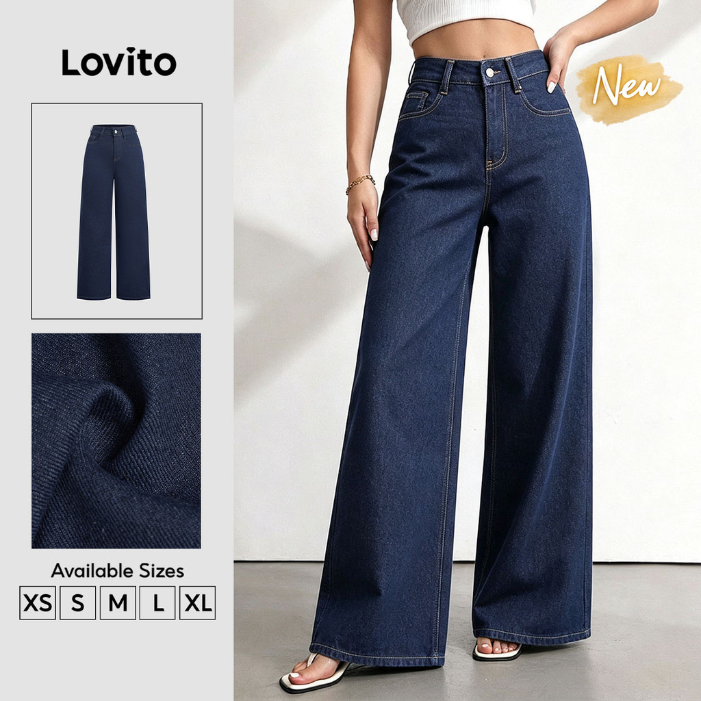 (New Arrival) Lovito Jeans Casual com Zíper Botão e Bolso Azul Escuro para Mulheres outono/inverno JNNS149BX260