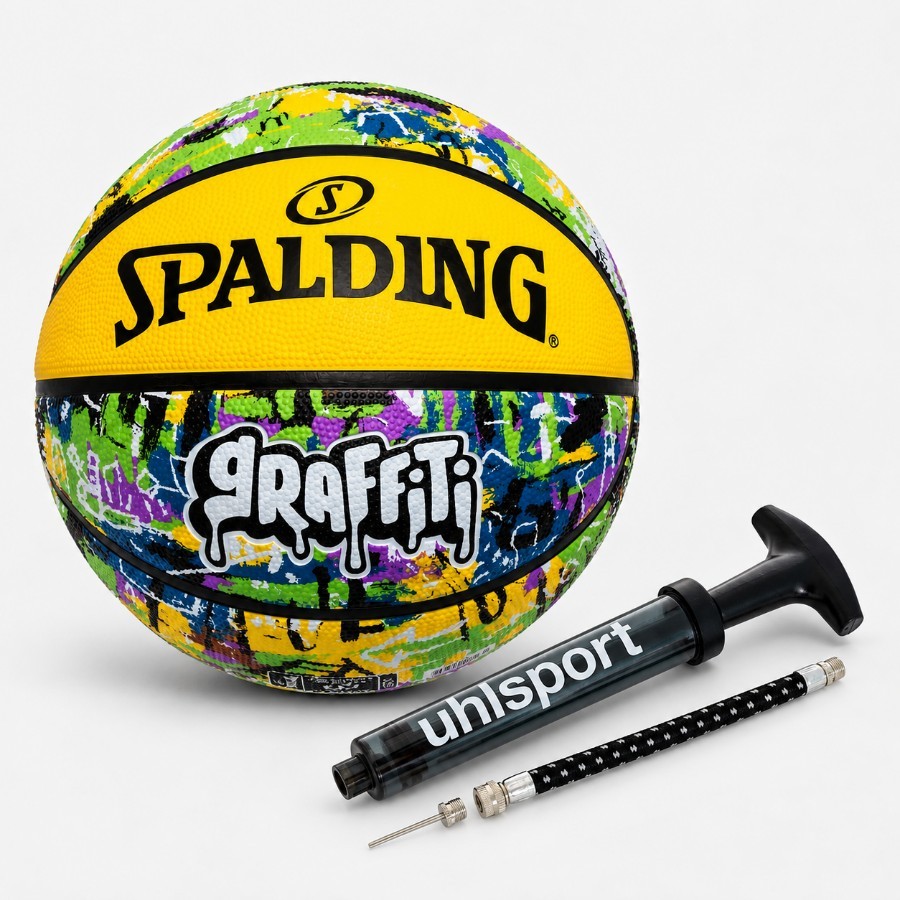 Kit com 1 Bola De Basquete Spalding Graffiti Amarelo + 1 Bomba de Ar