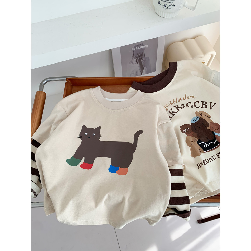 Meninos primavera outono camiseta de manga comprida crianças puro algodão fino falso de duas peças topos pequeno médio c