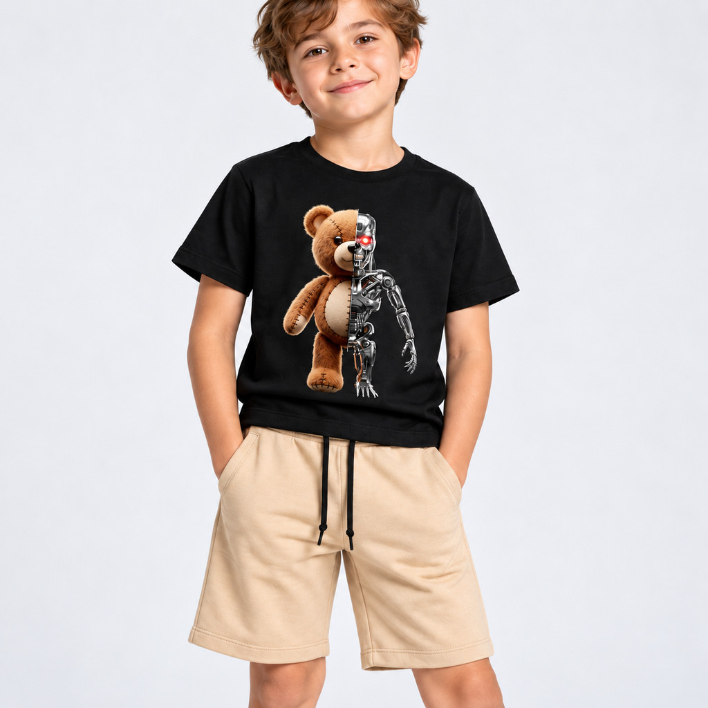 Kit Infantil 2 Peças Camiseta Estampada Urso Robô + Bermuda Moletom Bege Conjunto Menino Casual