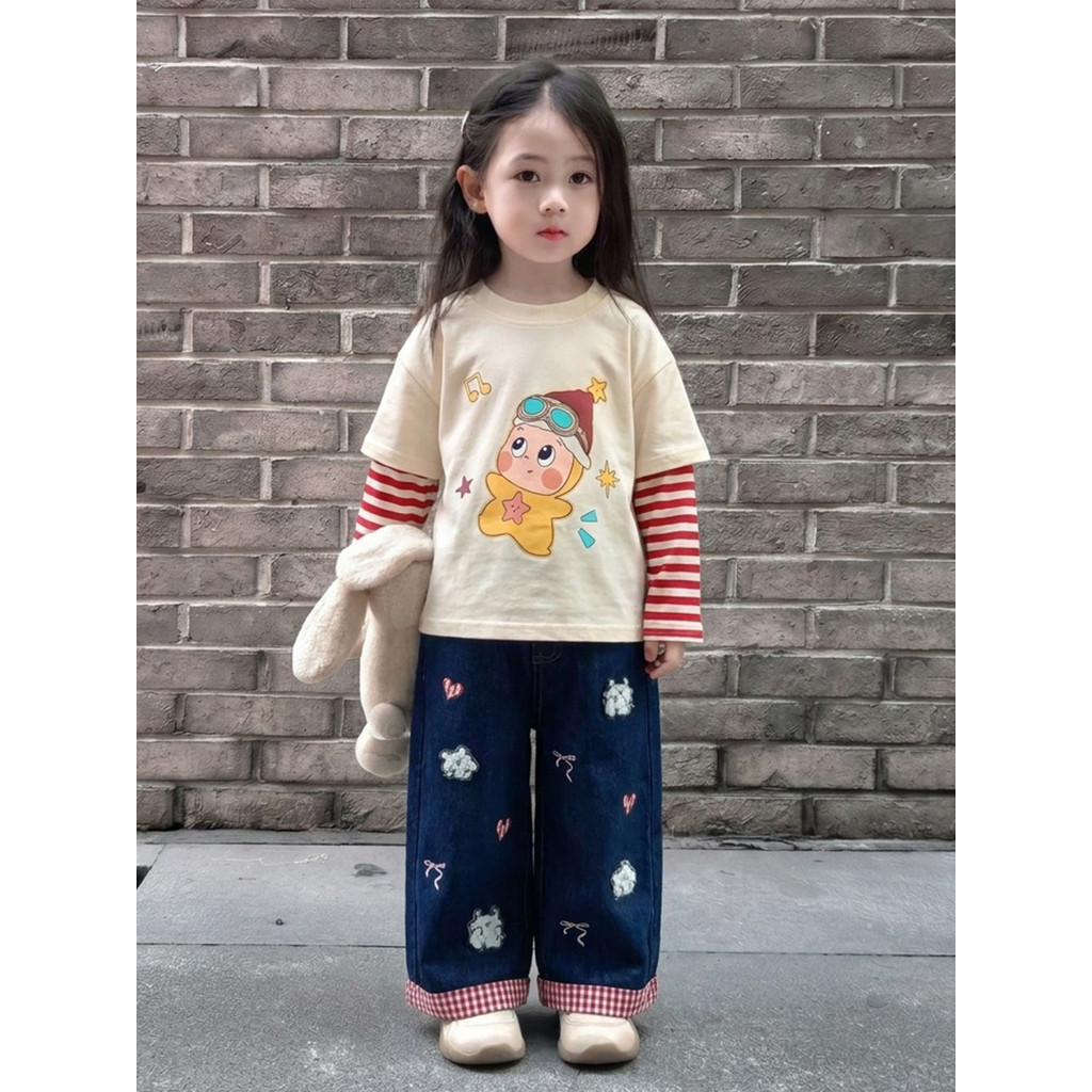 Meninas de manga comprida camiseta outono 2026 novo estilo falso de duas peças listrado cor combinando crianças bonito p