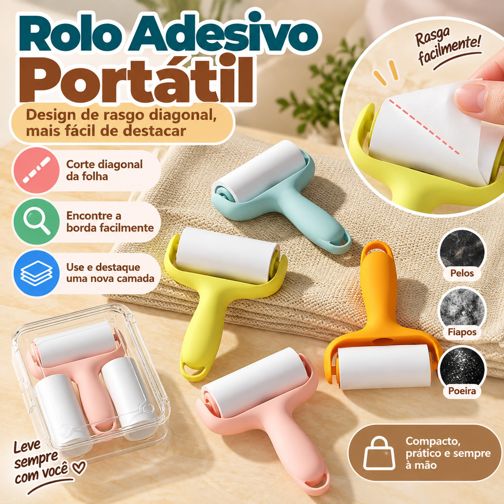 Rolo Tira Pelos Adesivo Portátil com 3 Refis para Roupas Sofá Estofados Remove Fiapos Cabelos Poeira e Pelos de Pets