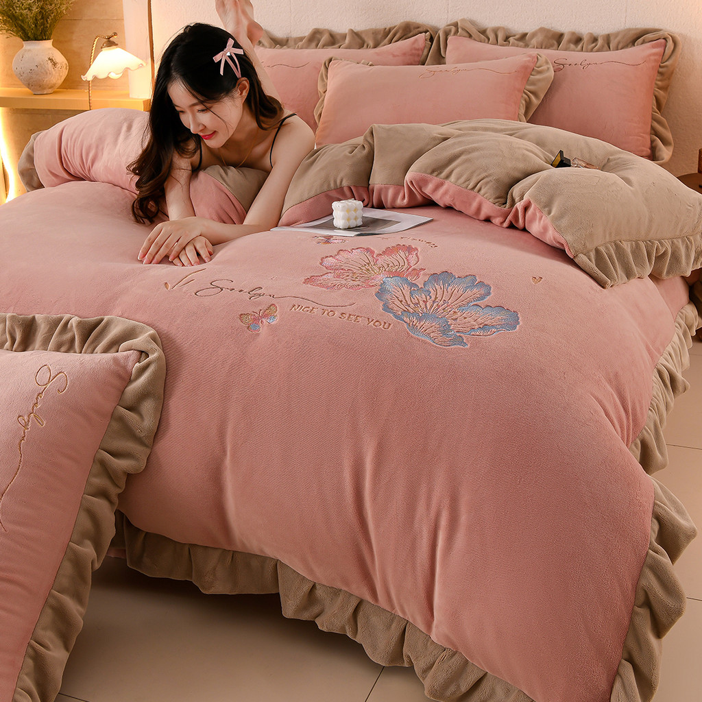 2026 inverno engrossado bordado leite veludo cama conjunto de quatro peças dupla face Coral veludo lençol flanela