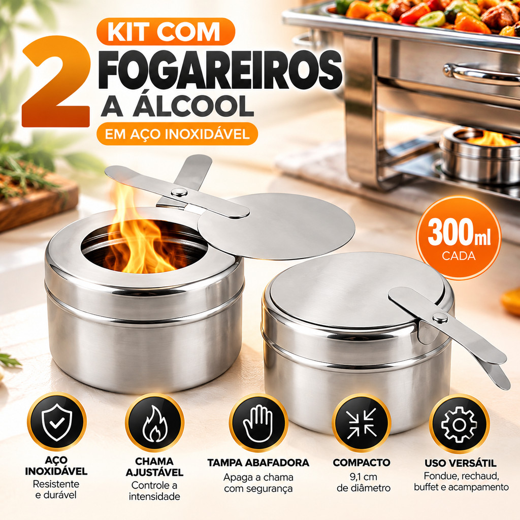 Kit 2 Queimadores a Álcool Inox, Fogareiro Portátil para Fondue, Réchaud e Camping