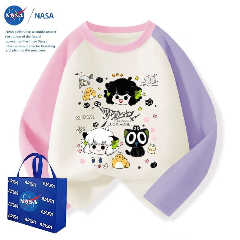 NASA Luo Xiaohei Wars Primavera Outono Crianças Costura Camiseta de Manga Comprida Algodão Puro 2025 Novo Estilo Meninas