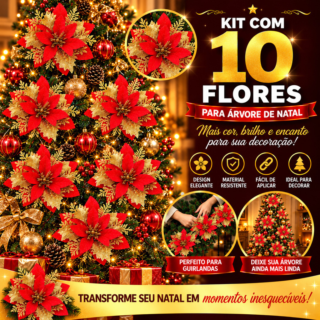 Kit 10 Flores de Natal Vermelha e Dourada c/ Glitter 14cm Enfeite Árvore luxo