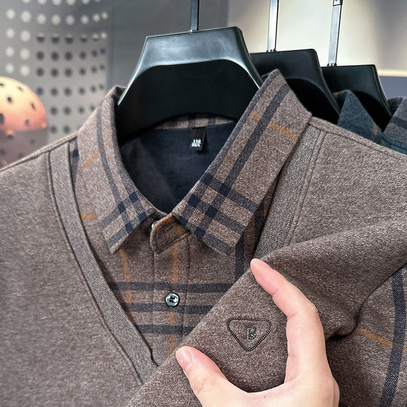 Roupas clássicas de inverno para carro, suéter falso de duas peças masculino, camisa de fundo de lã espessada, camisa ma