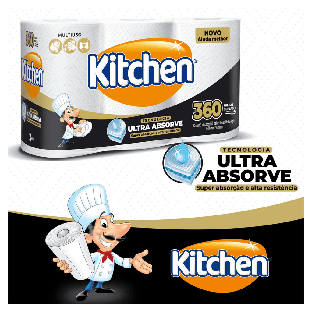 Toalha de Papel Kitchen Jumbo Folha Dupla 360 Folhas 3 Rolos — imagem 2 de 2