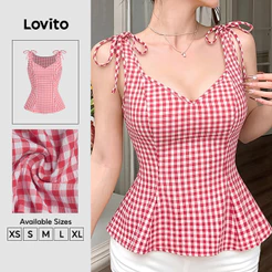 Lovito Top Casual Xadrez Feminino de Renda com Laço Primavera/verão Vermelho e branco TKB201P1D346