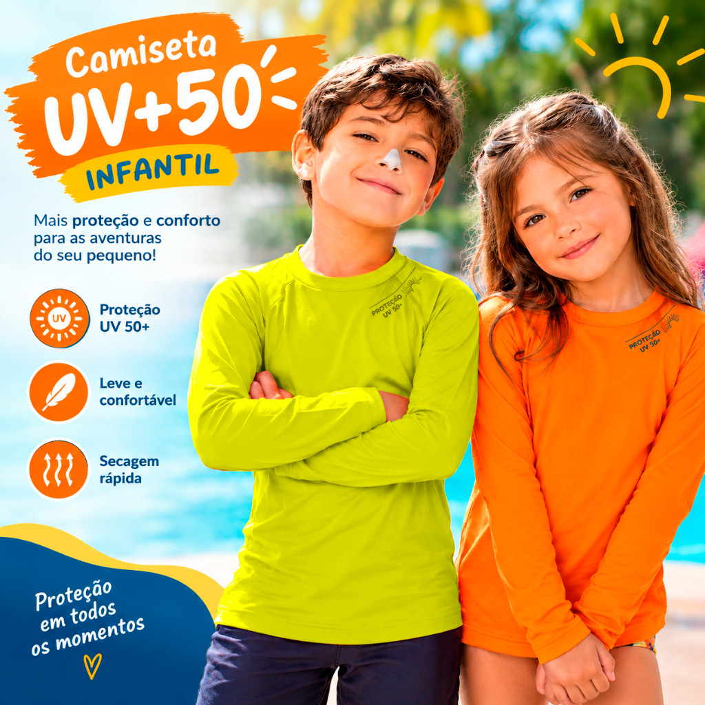 Camisa UV Infantil Térmica Blusa de Proteção Solar para Menino e Menina UV50
