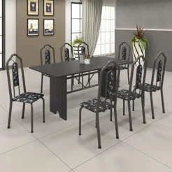 Conjunto de Mesa 180x75cm Tampo Ardósia com 8 Cadeiras Bianca Soma Móveis Prata/Martelado/Ardosia Indiano/Preto Floral