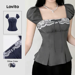 Lovito Blusa Casual de Renda Laço Bloco de Cores Primavera/verão Cinza para mulheres Bordado L191AD076