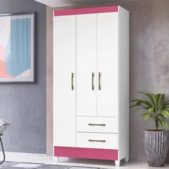 Guarda-Roupa Solteiro 3 Portas 2 Gavetas e Pés Lima Branco/Rosa Branco/Rosa