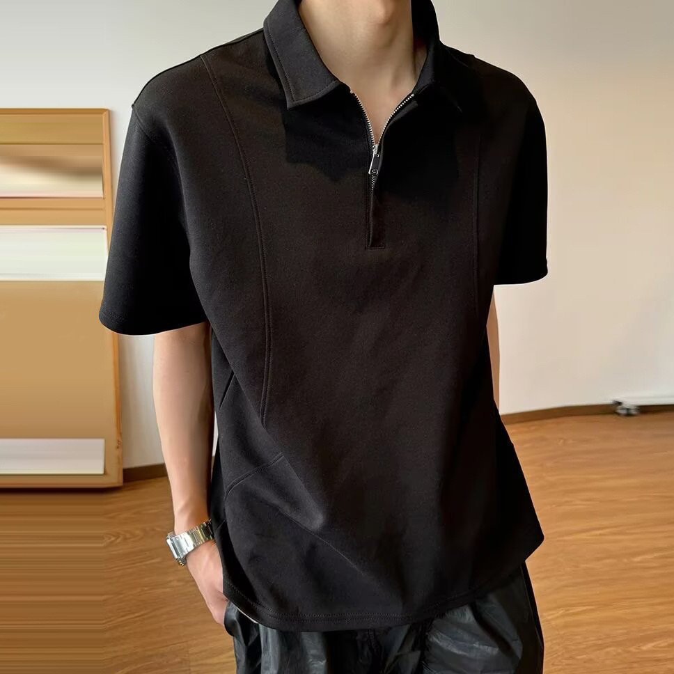 Camiseta de manga curta masculina 2026 verão novo estilo ar algodão luz luxo moda solta gola alta Casual camisa polo top