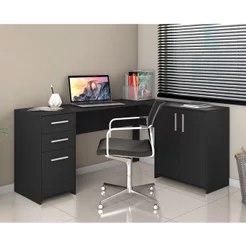 Escrivaninha Mesa Escritório em L Office Nt 2005 2 Gavetas 3 Portas 157cm Preto Tx Preto Tx
