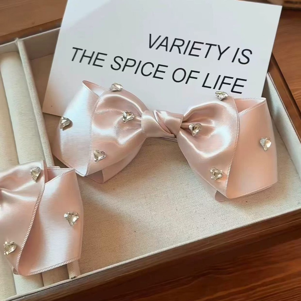 Presilha de cabelo feminina com laço de coração e strass rosa em cetim, estilo francês elegante, para a parte de trás da