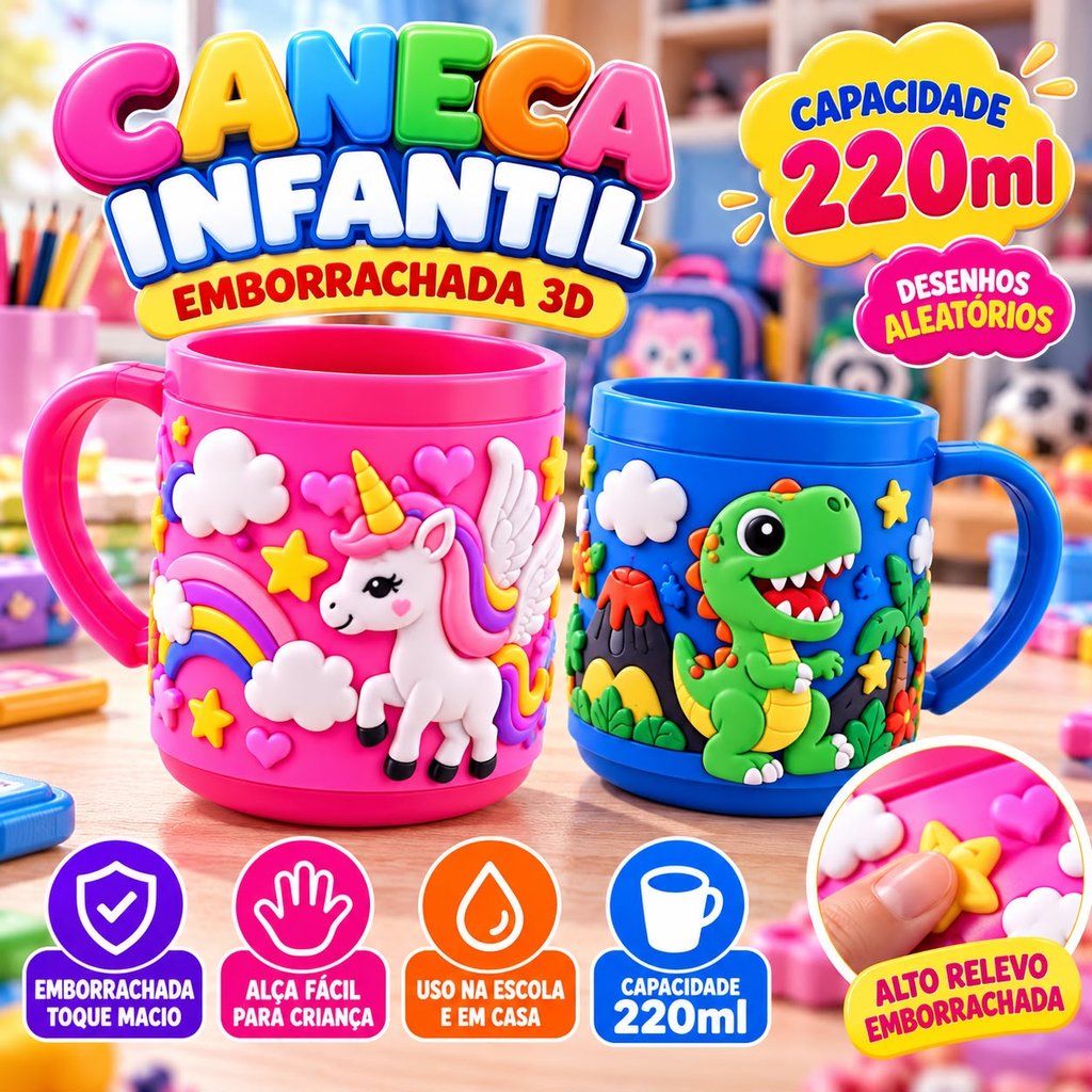Caneca Emborrachada Infantil 220ml 3D Colorida Alto Relevo Alça Grande Criança