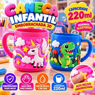Caneca Emborrachada Infantil 220ml 3D Colorida Alto Relevo Alça Grande Criança