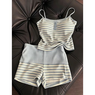 2026 novo estilo estilo coreano doce listrado estilingue almofada no peito pijamas feminino verão Shorts Loungewear prim