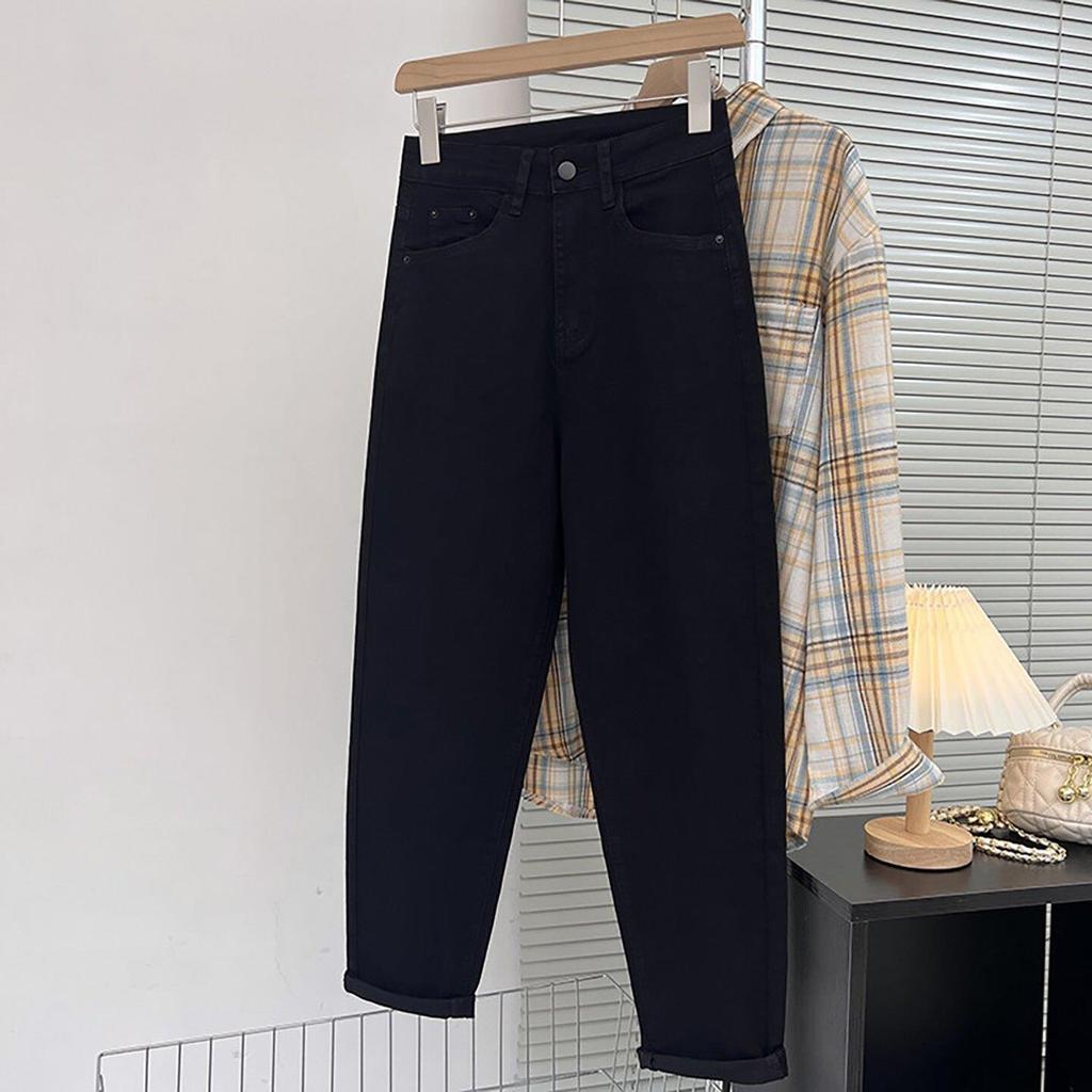 Preto estiramento Harem Jeans feminino cintura alta 2026 outono tamanho grande capa virilha mais magro olhar tornozelo c