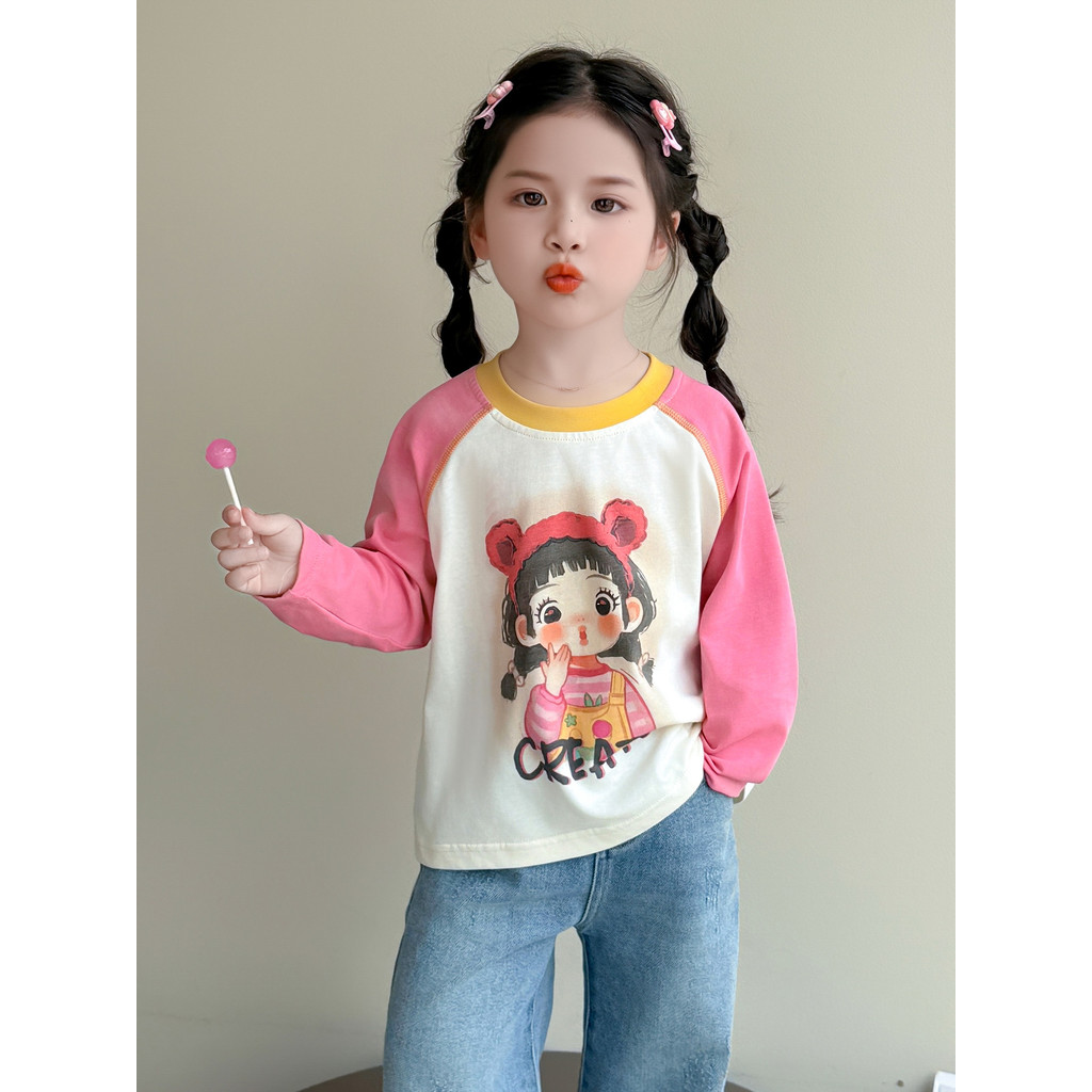 Meninas rosa dos desenhos animados menina impresso manga Raglan camisa de fundo topo outono estilo ocidental bebê manga 