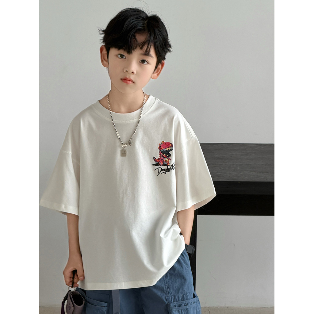 Branco dos desenhos animados dinossauro menino camiseta de manga curta verão 2026 novo topo crianças verão camiseta meni