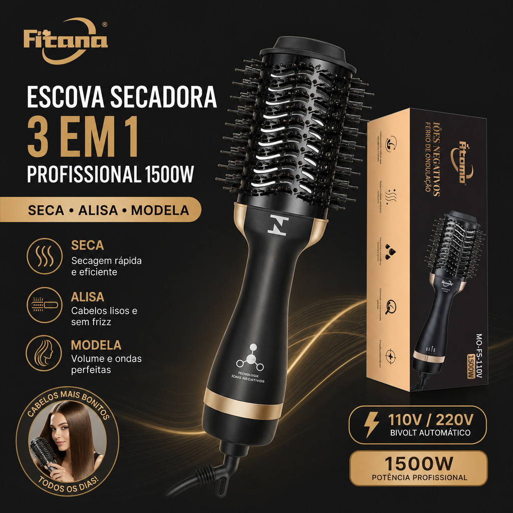 Escova Secadora e Alisadora 3 em 1 Profissional 1500W Bivolt Automático, Íons Negativos, Seca Alisa e Modela Cabelo