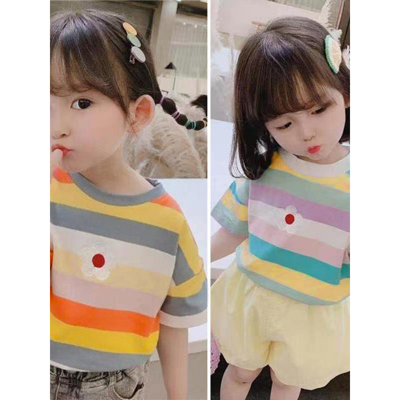 2025 meninas verão manga curta listrado camiseta pequena margarida topo médio pequeno crianças meia manga estilo ocident