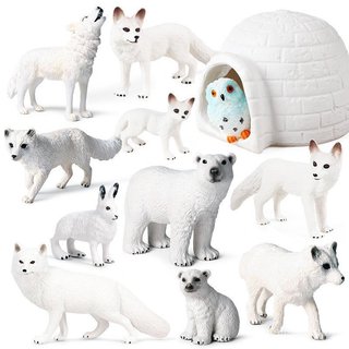 Réplicas de animais do Ártico: urso polar, lobo, raposa, pinguim da Antártida, iglu, bonecos, modelos, estátuas.