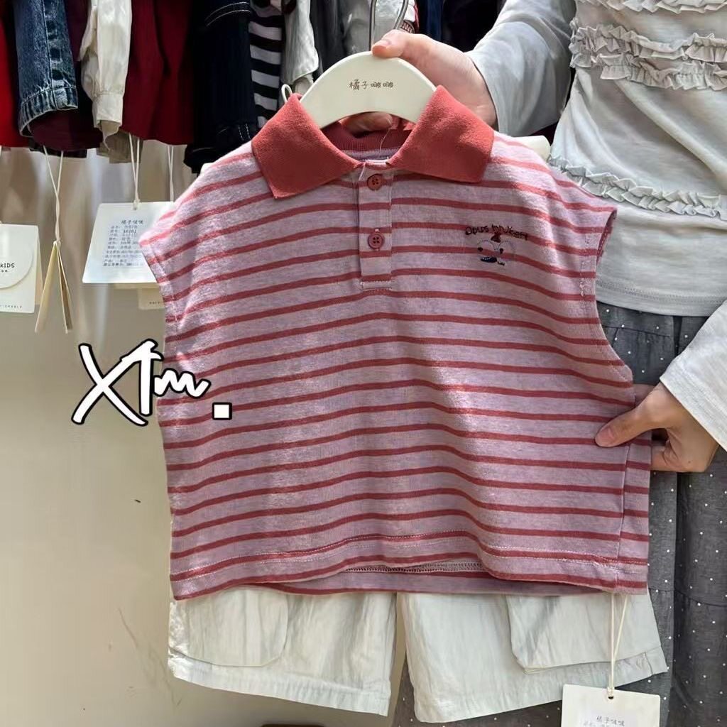 Coreano crianças roupas de verão novo estilo meninos meninas moda listrado sem mangas camiseta versão coreana solto lape