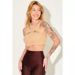 Cropped Feminino Canelada Decote Vazado Planet Girls Bege Médio
