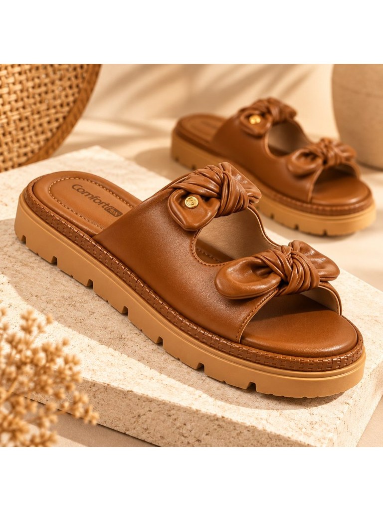 Sandália Feminina Comfortflex Ortopédica Slide com Laço Confortável Casual Rasteira Chinelo