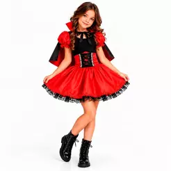 Fantasia Vampira Infantil Luxo Filó com Capa de Halloween