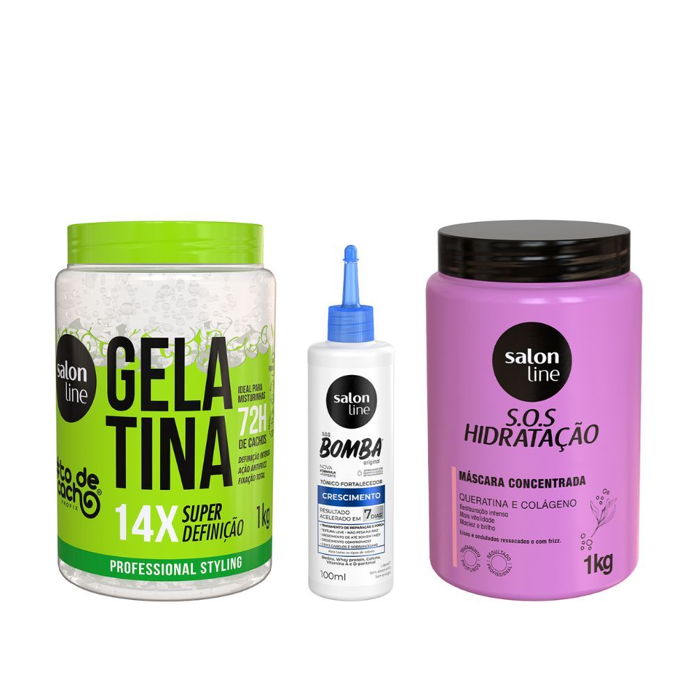 Kit com Gelatina Super Definição + Tônico Fortalecedor + Máscara Bio-Reconstruçã