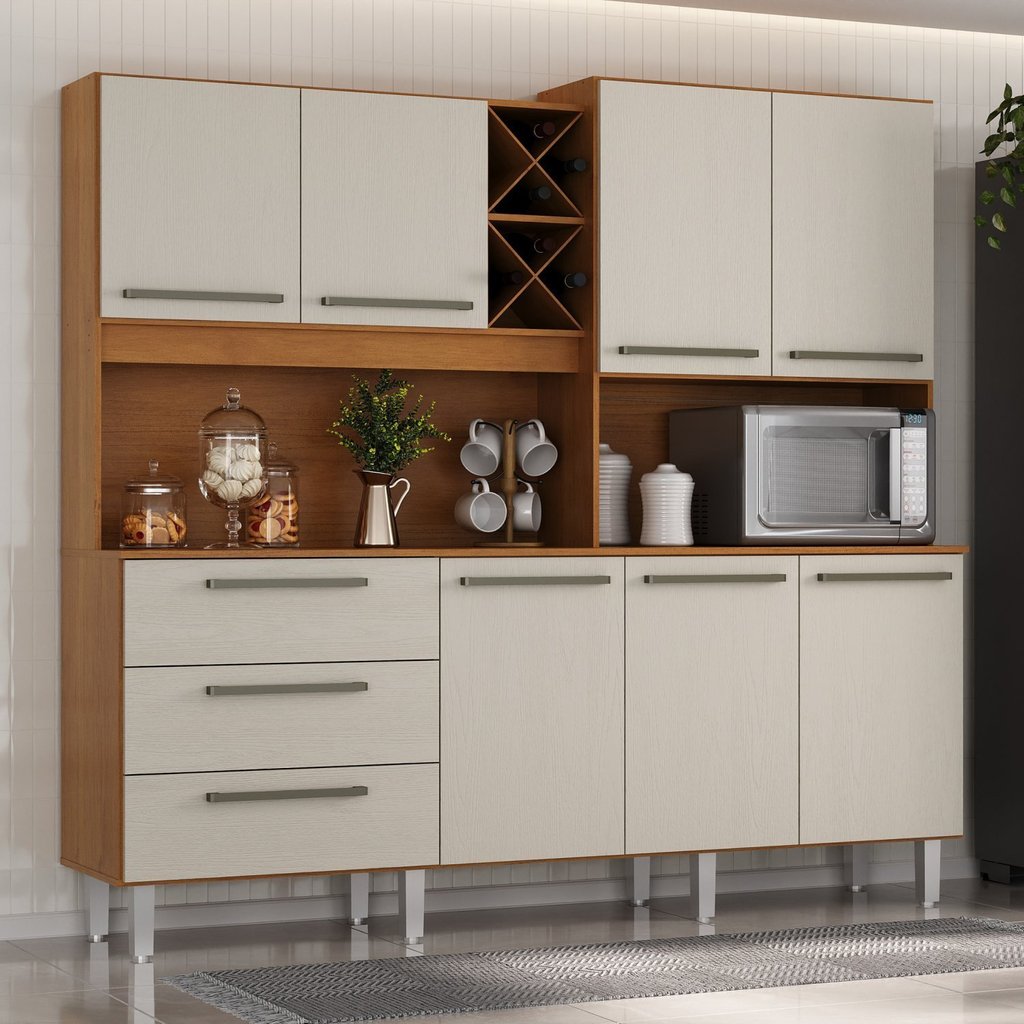 Armário para Cozinha 7 Portas 3 Gavetas com Balcão e Porta Garrafas Ajax Cinamomo/Areia