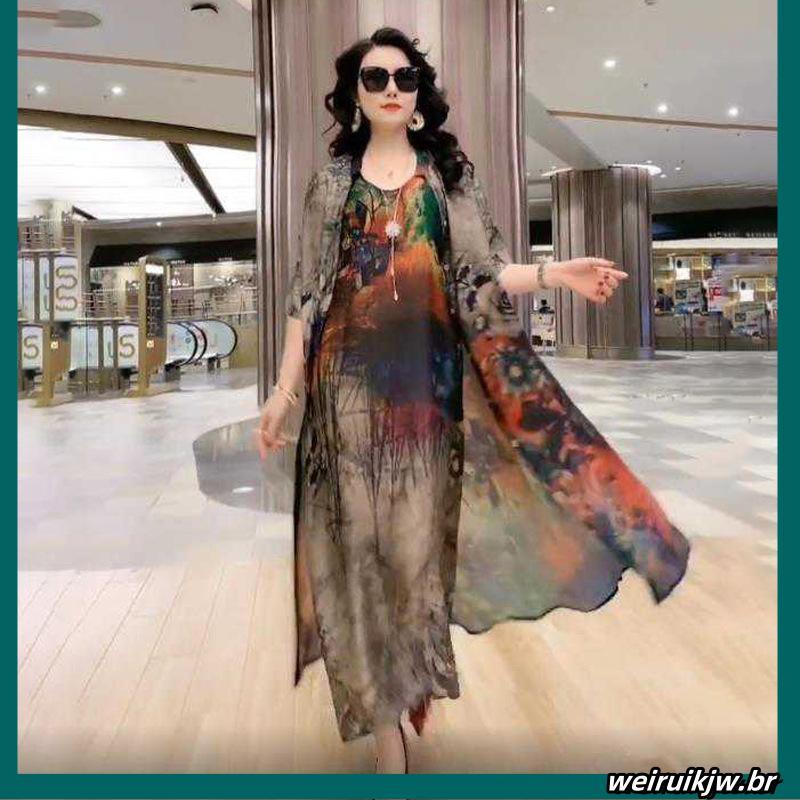 Seda Duas Peças Elegante Floral Plus Size Casual Praia Do Vintage Longo Mãe Vestido 2024 Verão Nova Moda 9618 8462