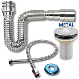 Kit Lavatório Sifão Cromado 71cm + Válvula Pia Metal Cromado + Engate 60cm Metal Flexível Aço Inox