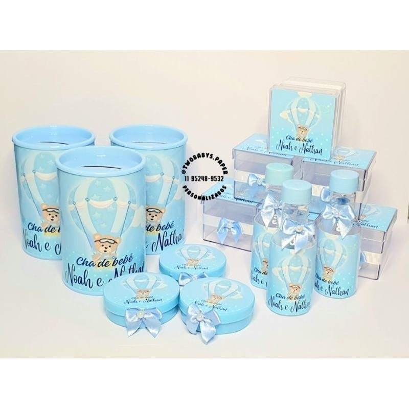 kit com 50 lembrancinha de Chá de bebê do Ursinho Baloeiro azul, cofrinho, tubete, garrafa,  caixinha e latinha